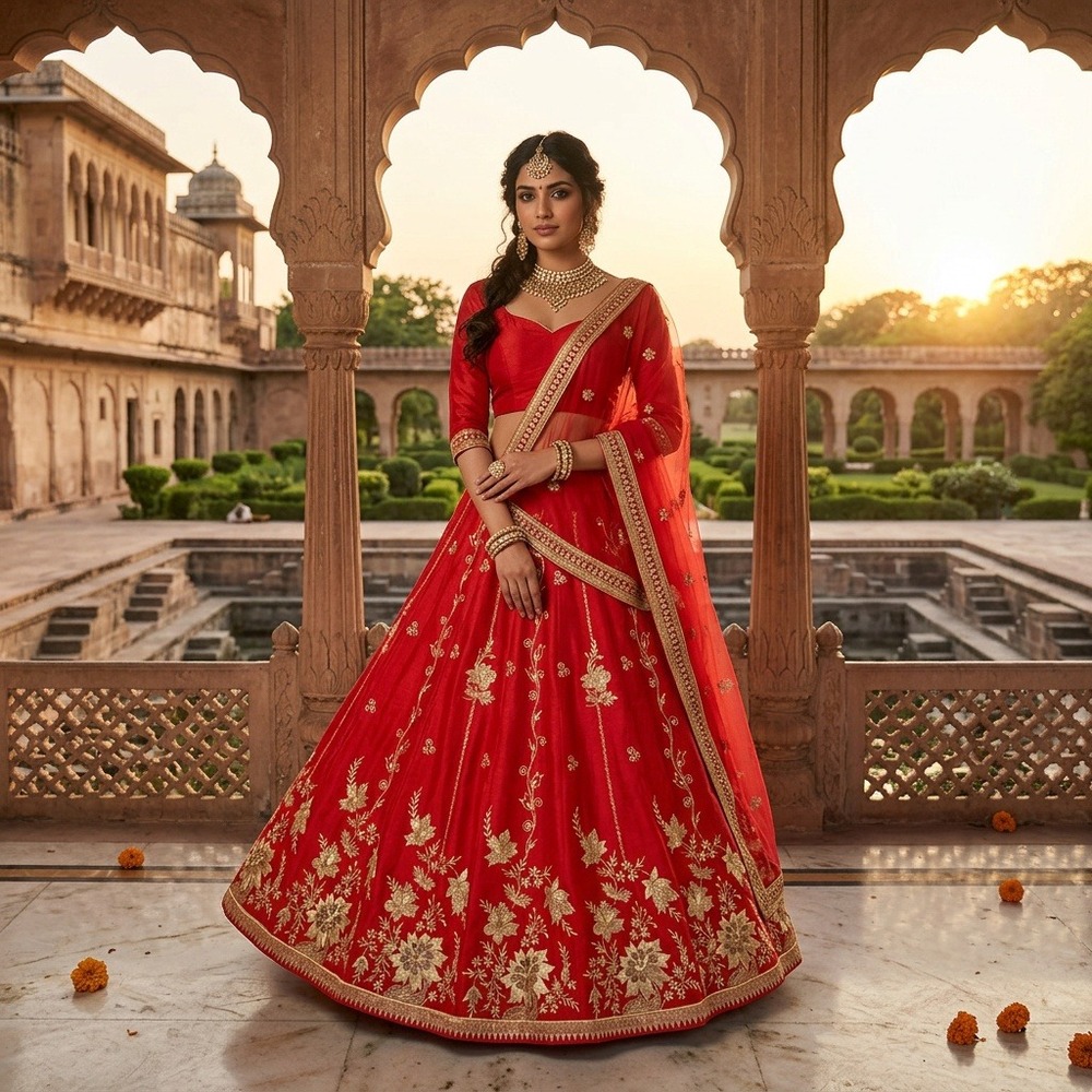 Red Gold Embroidered Lehenga Skirt Floral Beadwork Drawstring Waist 42 In Length